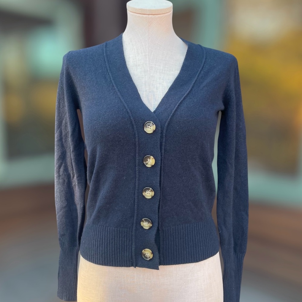 J. CREW Navy Cashmere Tortoise Shell Button Down Ribbed Hem Cardigan Sweater XS